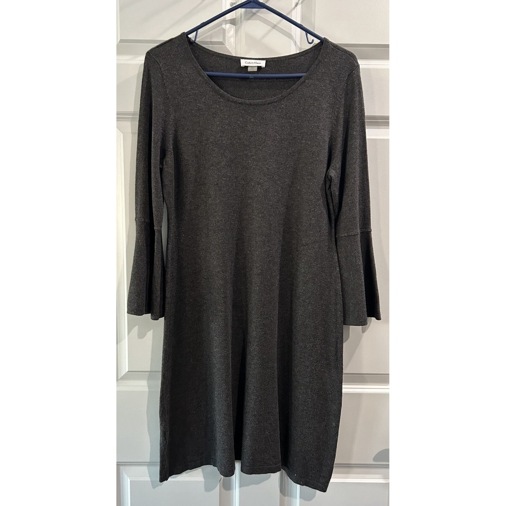 Calvin‎ Klein Gray Sweater Dress Size L 3/4 Bell Sleeve Mature Business Holiday